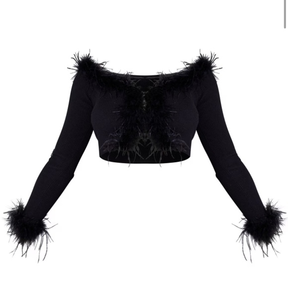 Pretty Little Thing black cropped cardigan feather trim hook and eye Sz S‎ new - Picture 11 of 11